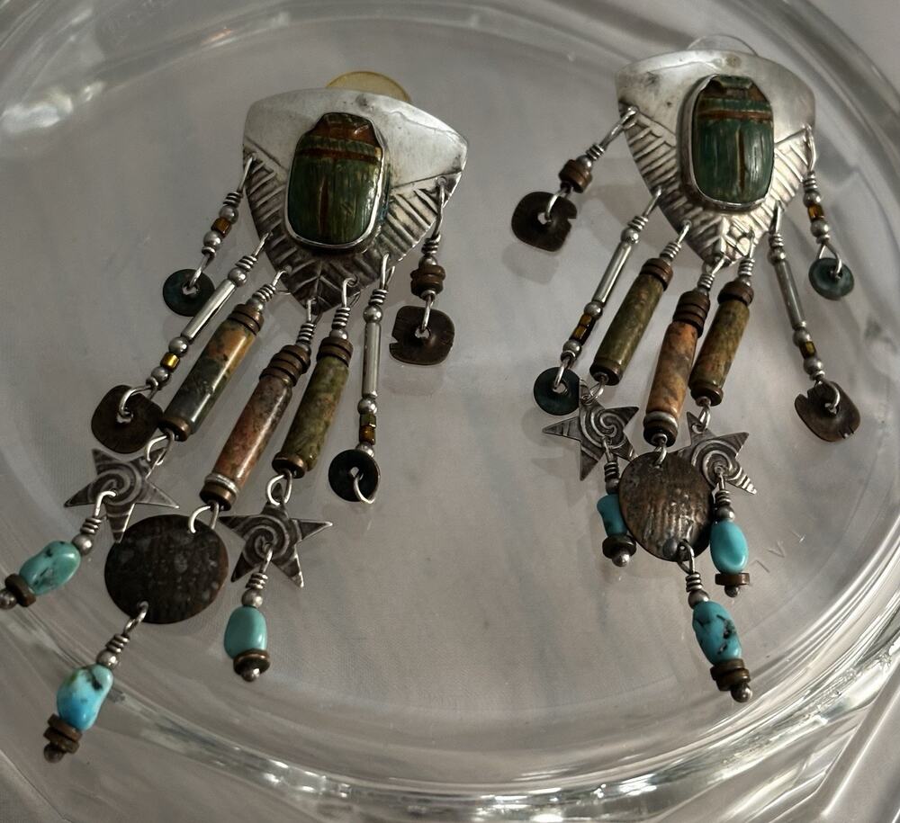 TABRA Sterling SCARAB Unakite/Turquoise Drop/Dangle EARRINGS Artisan Signed